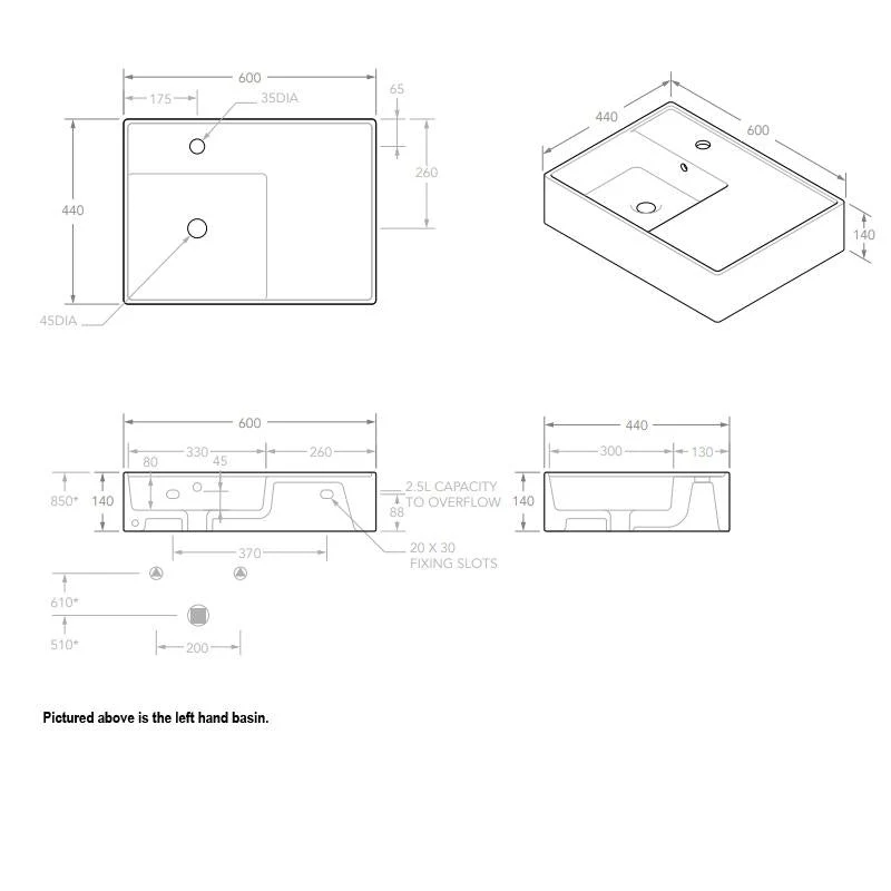 ADP Teorema 600mm Left Hand Ceramic Basin - Image 2