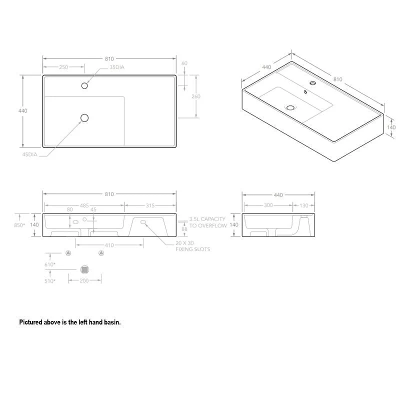 ADP Teorema 800mm Left Hand Ceramic Basin - Image 2