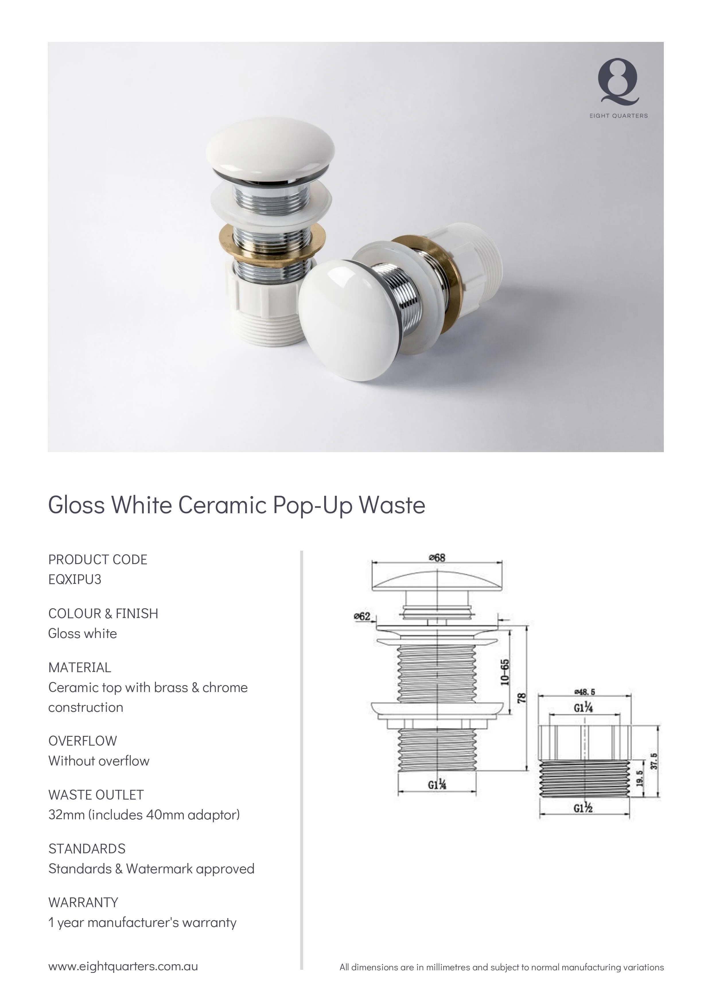 Eight Quarters White Gloss Ceramic Pop-up Waste - Image 2