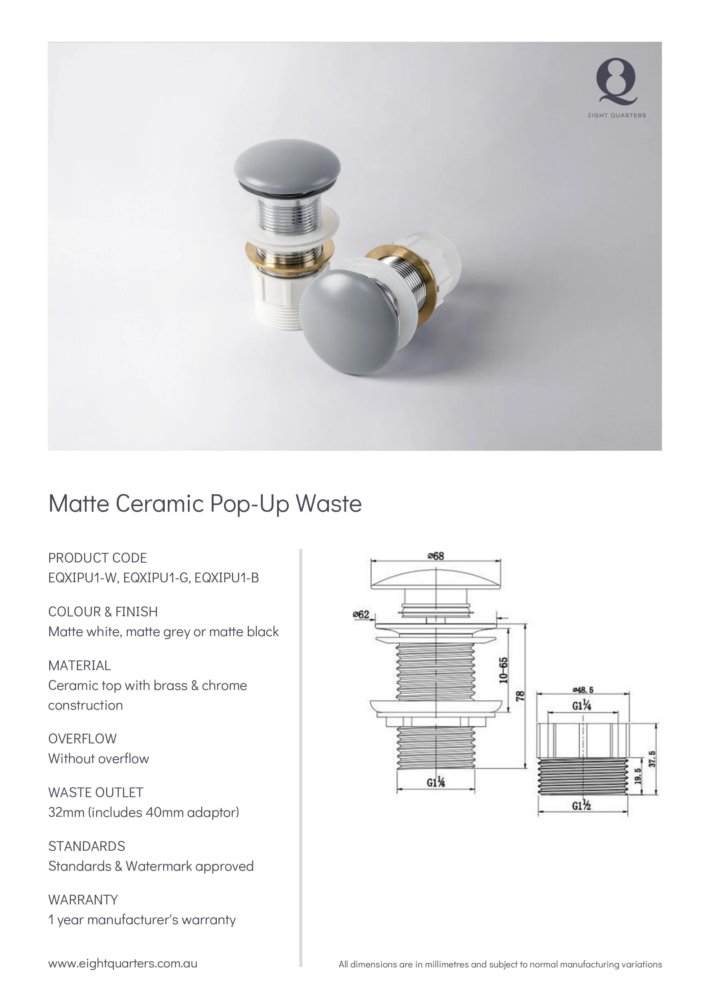 Eight Quarters Ceramic Pop-up Waste- Black Matte - Image 2