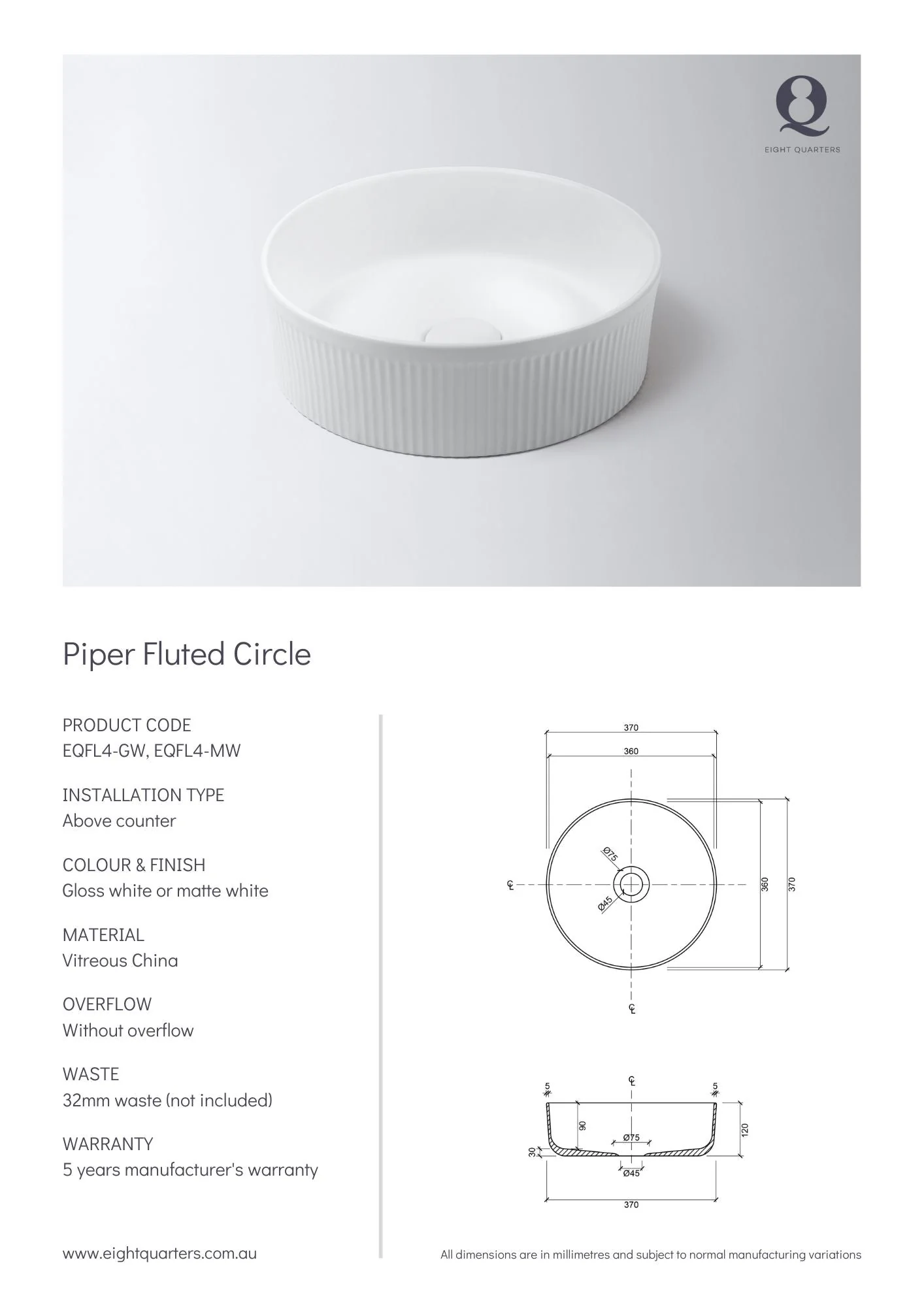 Eight Quarters Piper Fluted Circle - White Gloss - Image 2