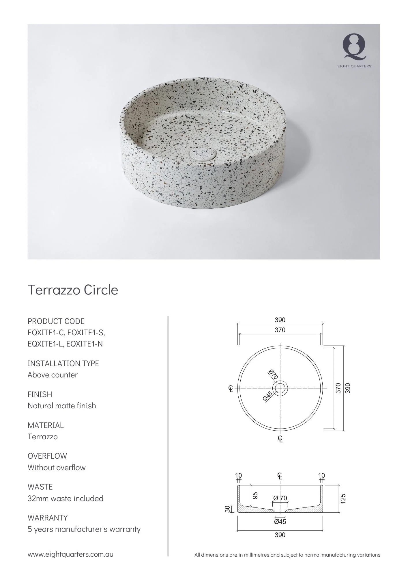Eight Quarters Terrazzo Circle Lucca Basin & Waste - Image 3