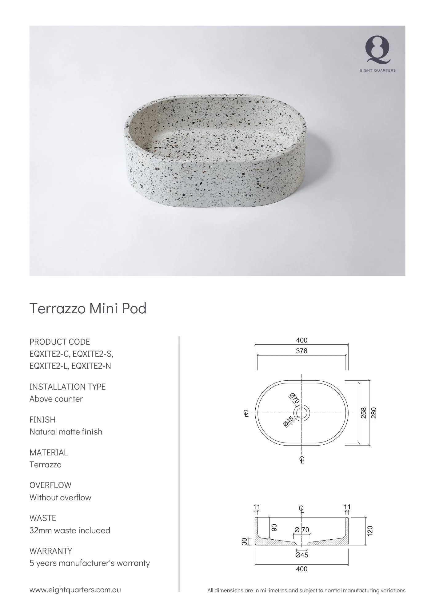 Eight Quarters Terrazzo Mini Pod Naples Basin & Waste - Image 2