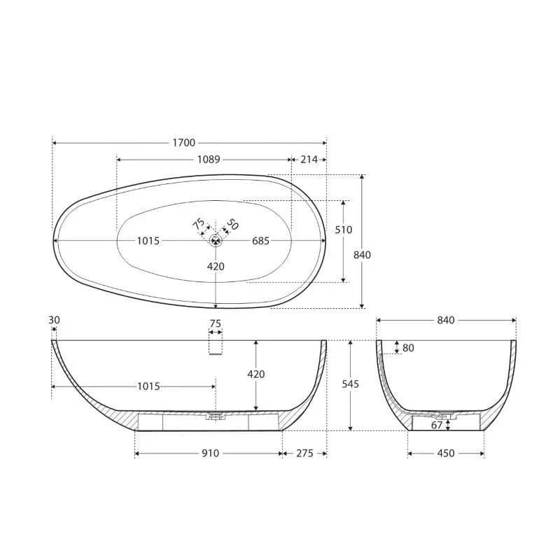 Fienza Bahama Solid Surface Bath 1700mm - Black Matte - Image 4