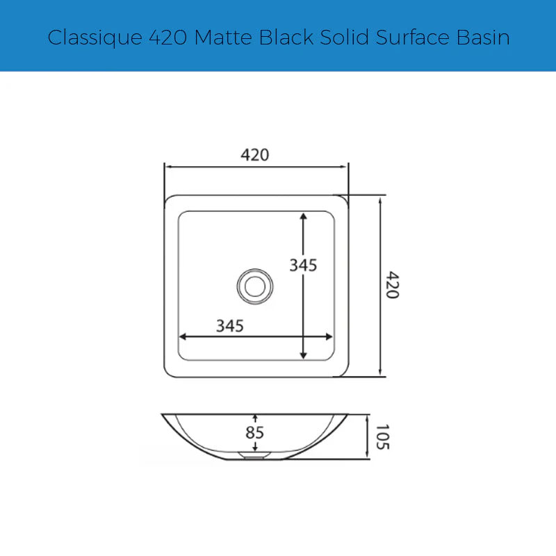 Fienza Classique 420 Solid Surface Above Counter Basin - Black Matte - Image 3