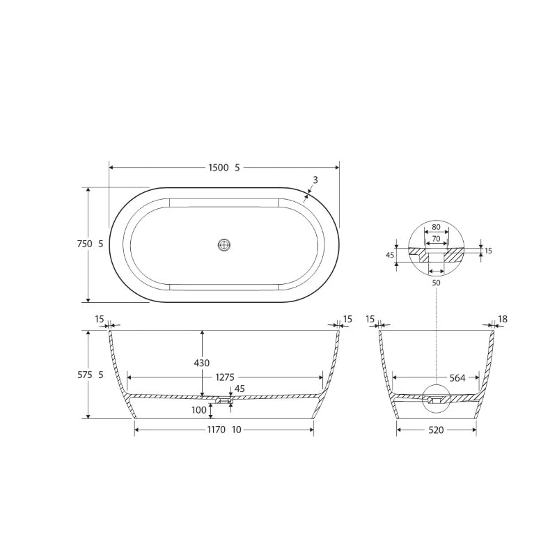 Fienza Kaya Solid Surface Bath - White Matte - Image 4