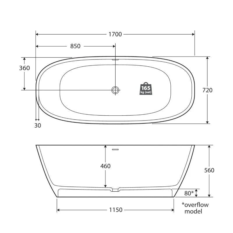 Fienza Marissa Solid Surface Bath 1700mm - White Matte - Image 4