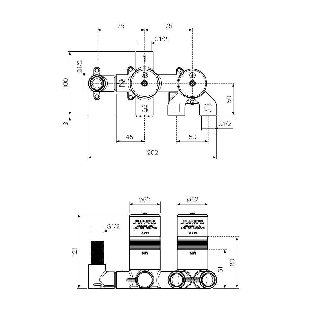 Parisi Recessed Diverter Mixer Body (2-way) with Outlet ON/OFF - Image 2