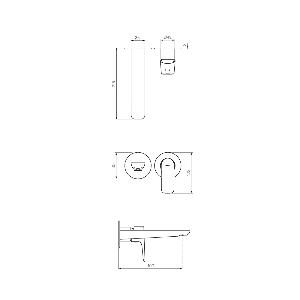 Parisi Slim II Wall Mixer with 190mm Spout (Individual Flanges) - Matt Black - Image 2