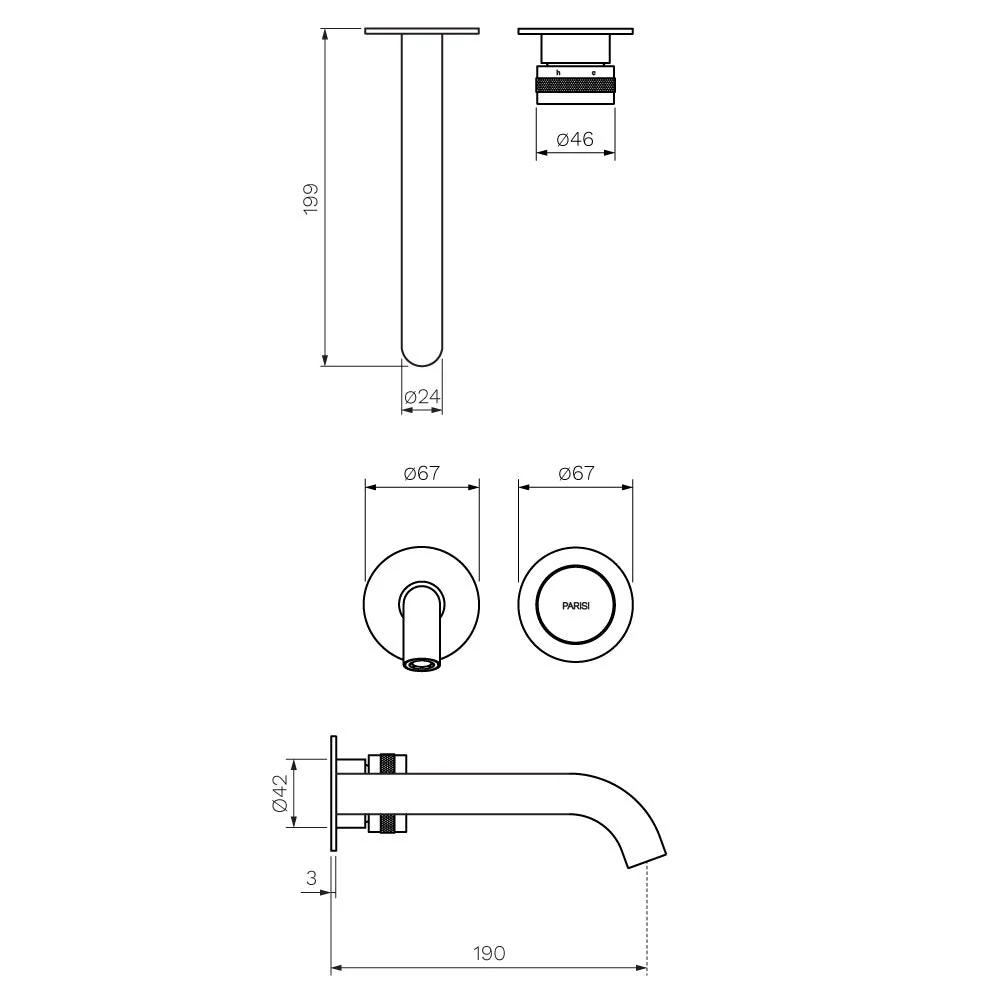 Parisi Todo II Wall Mixer with 190mm Curved Spout (Individual Flanges) - Chrome - Image 2
