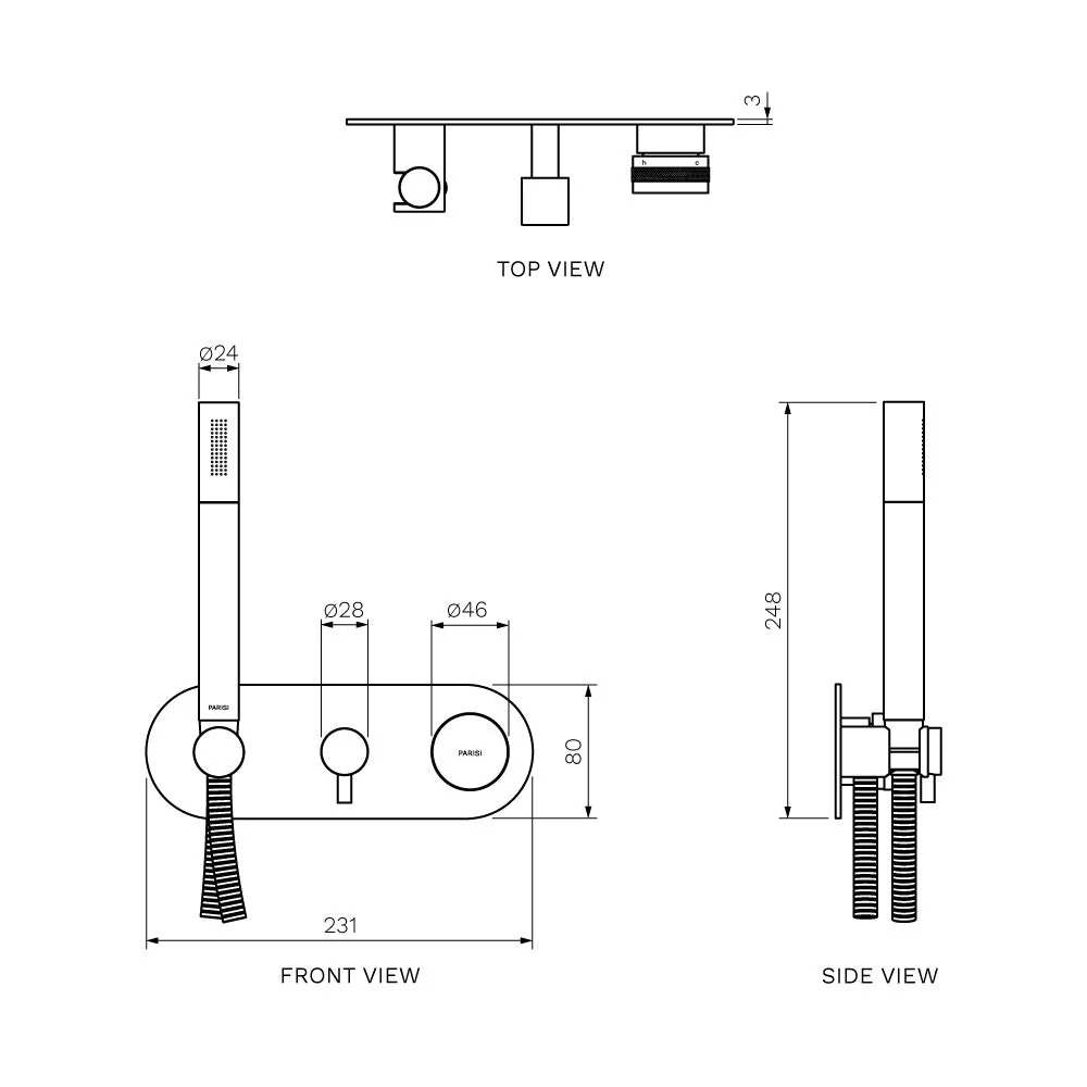 Parisi Todo II Wall Mixer with 2-Way Diverter and Handshower - Matt Black - Image 2