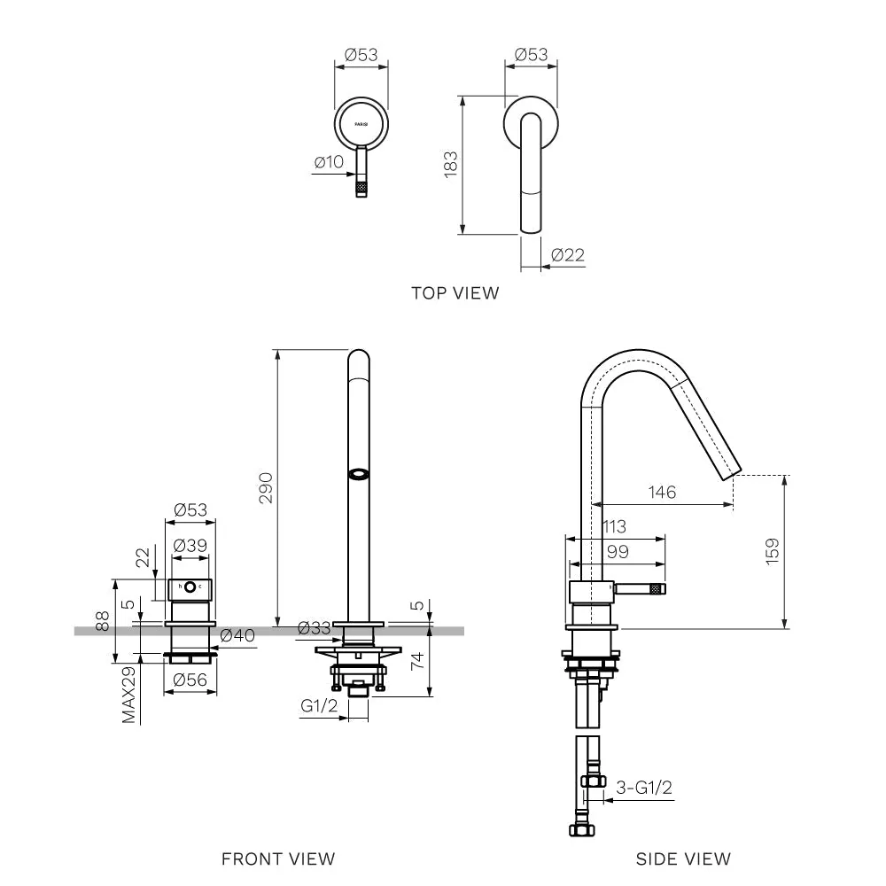 Parisi Tondo II Hob Mixer with Gooseneck Swivel Spout - Fucile - Image 2