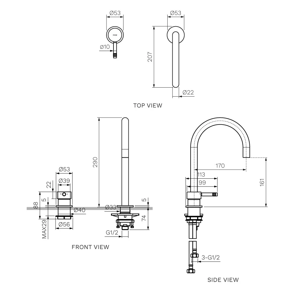 Parisi Tondo II Hob Mixer with Round Swivel Spout - Fucile - Image 2