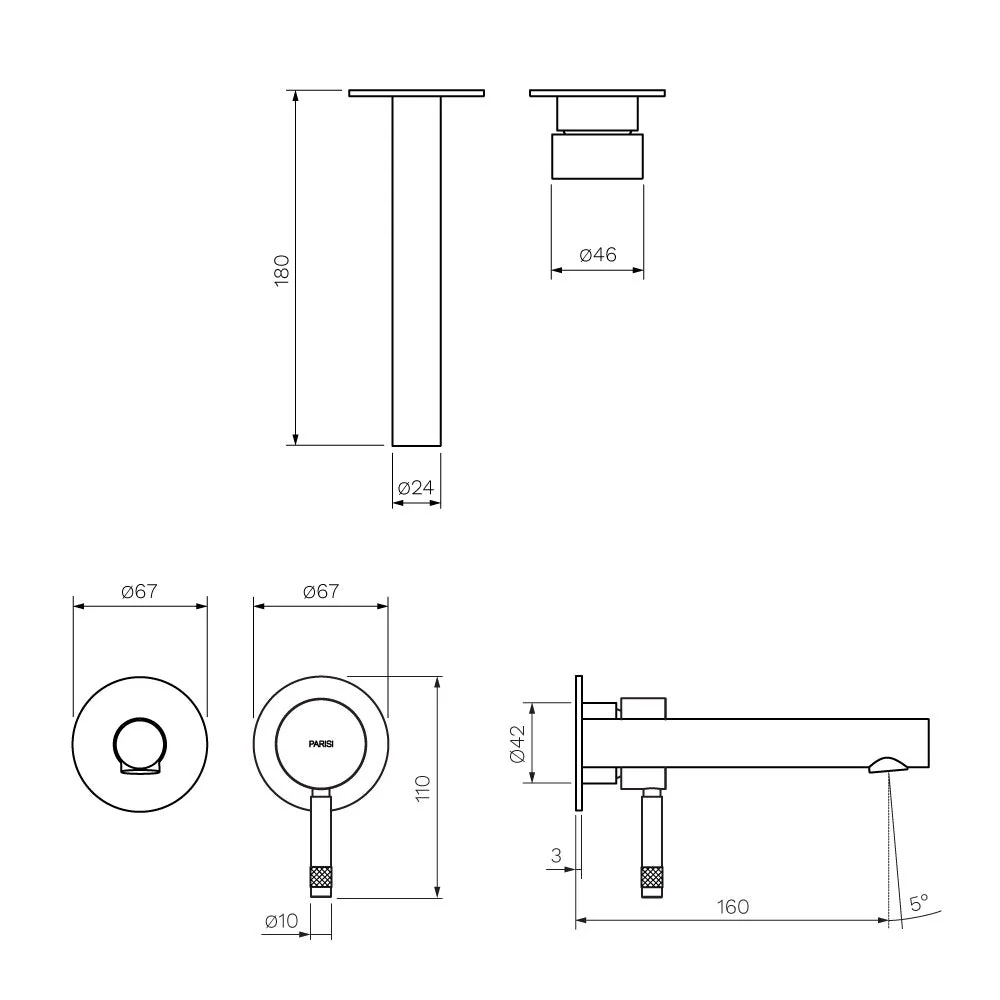 Parisi Tondo II Wall Mixer with 160mm Spout (Individual Flanges) - Chrome - Image 2