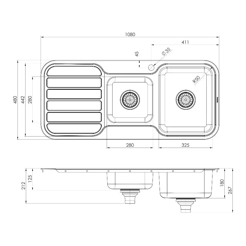 Phoenix 1000 Series 1 and 3/4 Right Hand Bowl Kitchen Sink with Drainer - Stainless Steel - Image 4