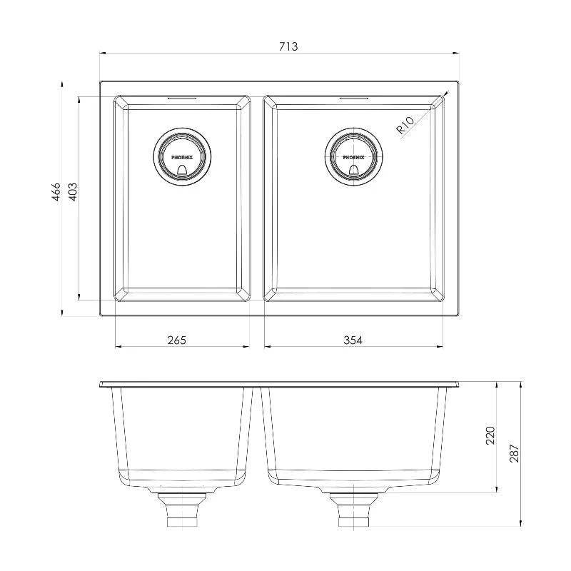 Phoenix 5000 Series 1 and 3/4 Right Hand Bowl Kitchen Sink - Black Matte - Image 3