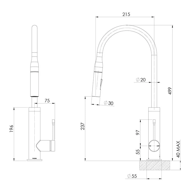 Phoenix Deja Pull Out Sink Mixer 220mm - Brushed Nickel - Image 2