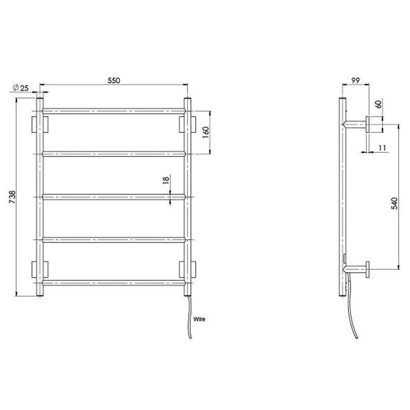 Phoenix Radii Heated Towel Ladder 550 x 740mm Square Plate - Brushed Nickel - Image 2