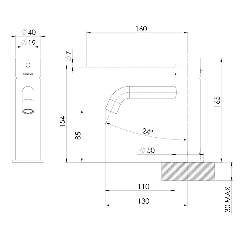 Phoenix Vivid Slimline Basin Mixer Curved Outlet with Extended Lever - Brushed Nickel - Image 3
