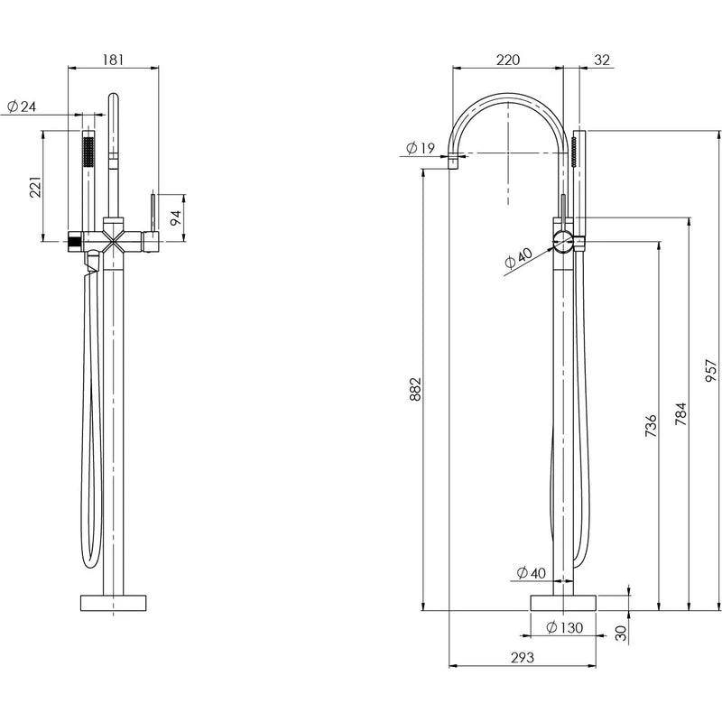 Phoenix Vivid Slimline Floor Mounted Bath Mixer with Hand Shower - Brushed Gold - Image 2