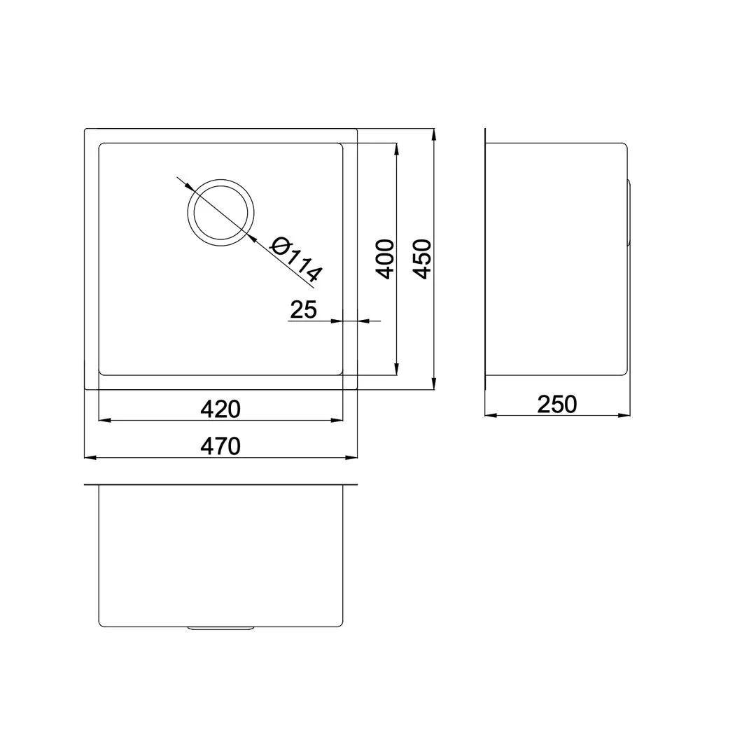 Linsol Quadra 470mm Single Bowl Sink - Brushed Stainless - Image 2