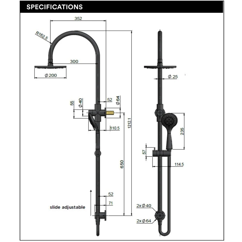 Meir Round Gooseneck Shower Set with 200mm Rose Three-Function Hand Shower - Champagne - Image 4
