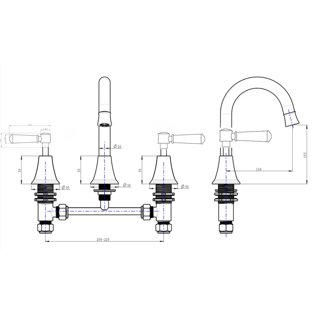 Linsol Vintage Lever Handle Basin Set - Chrome - Image 3