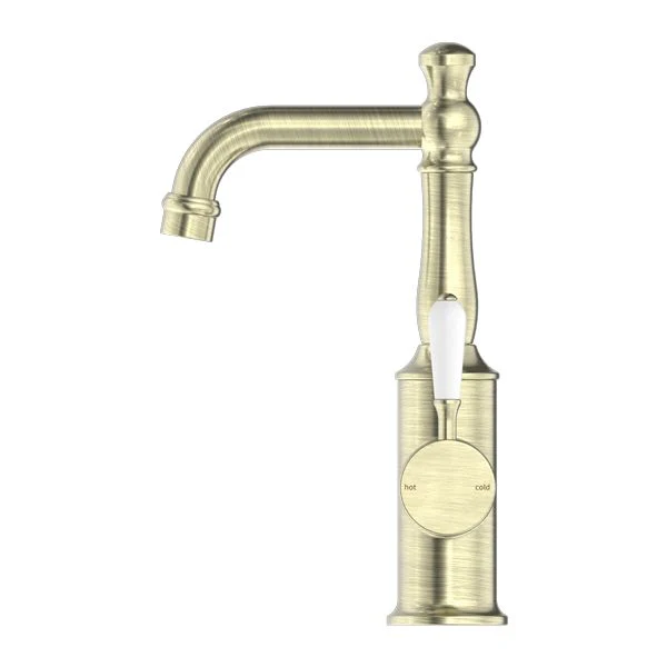 Nero York Basin Mixer With White Porcelain Lever - Aged Brass - Image 3