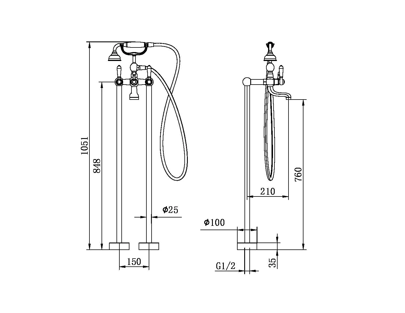 Nero York Freestanding Bath Set With Metal Hand Shower - Aged Brass - Image 4