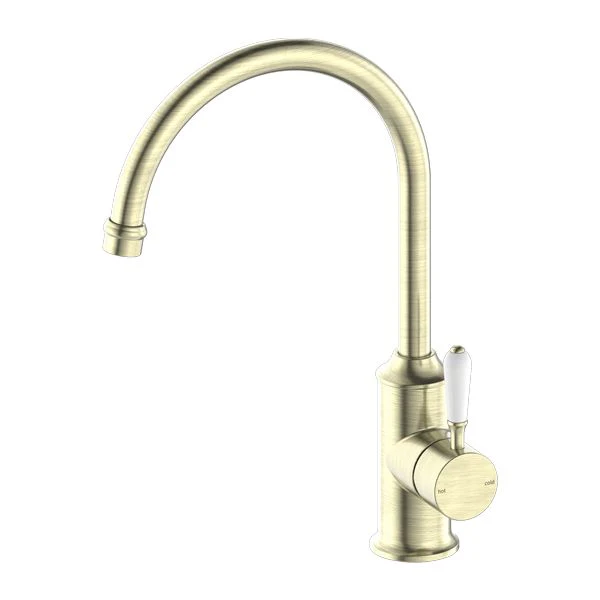 Nero York Kitchen Mixer Gooseneck Spout With White Porcelain Lever - Aged Brass