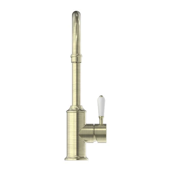 Nero York Kitchen Mixer Gooseneck Spout With White Porcelain Lever - Aged Brass - Image 2