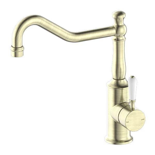 Nero York Kitchen Mixer Hook Spout With White Porcelain Lever - Aged Brass