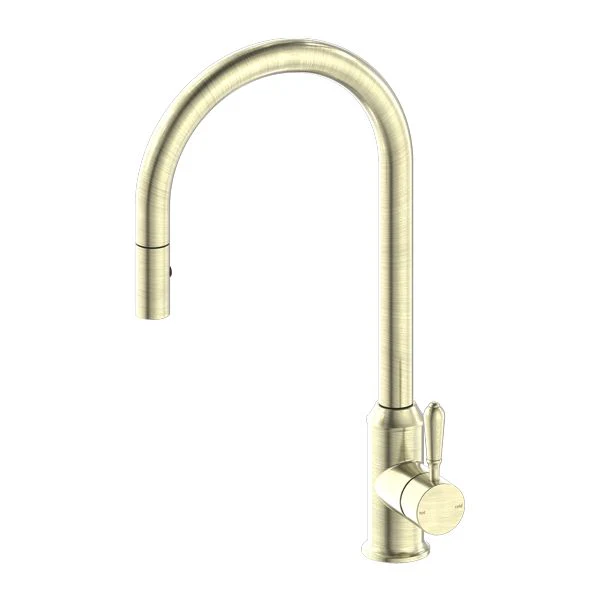 Nero York Pull Out Sink Mixer With Vegie Spray Function With Metal Lever - Aged Brass