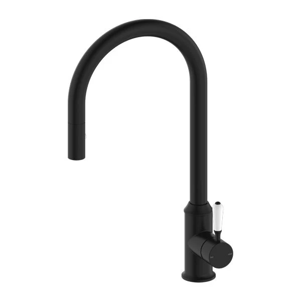 Nero York Pull Out Sink Mixer With Vegie Spray Function With White Porcelain Lever - Black Matte