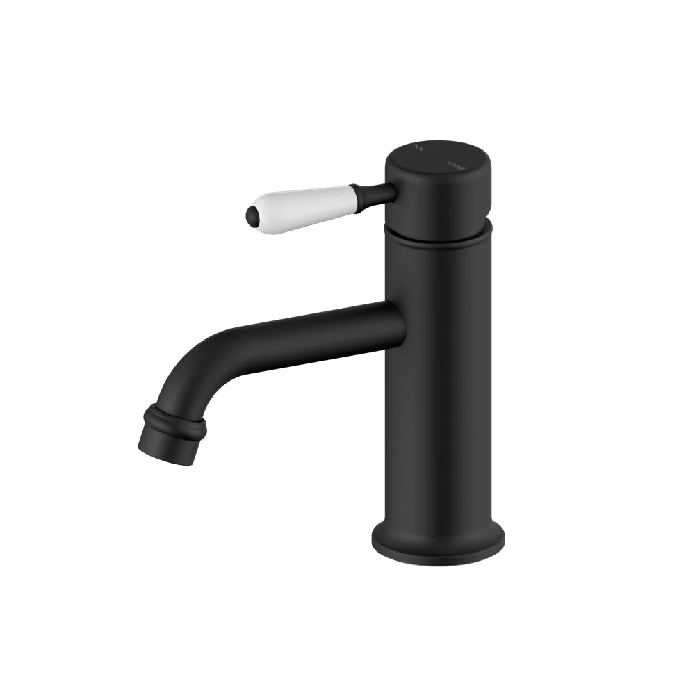Nero York Straight Basin Mixer With White Porcelain Lever - Black Matte