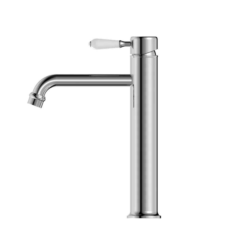 Nero York Straight Tall Basin Mixer With White Porcelain Lever - Chrome - Image 2